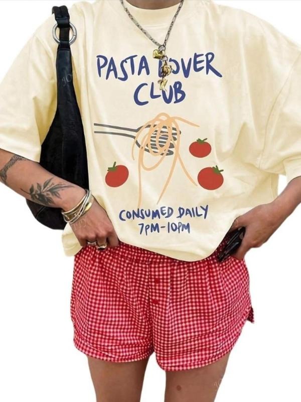 Women's Pasta Lover Print Round Neck Tee, Fashion Casual Crew Neck T-Shirt for Daily Holiday Vacation Outdoor Wear,...