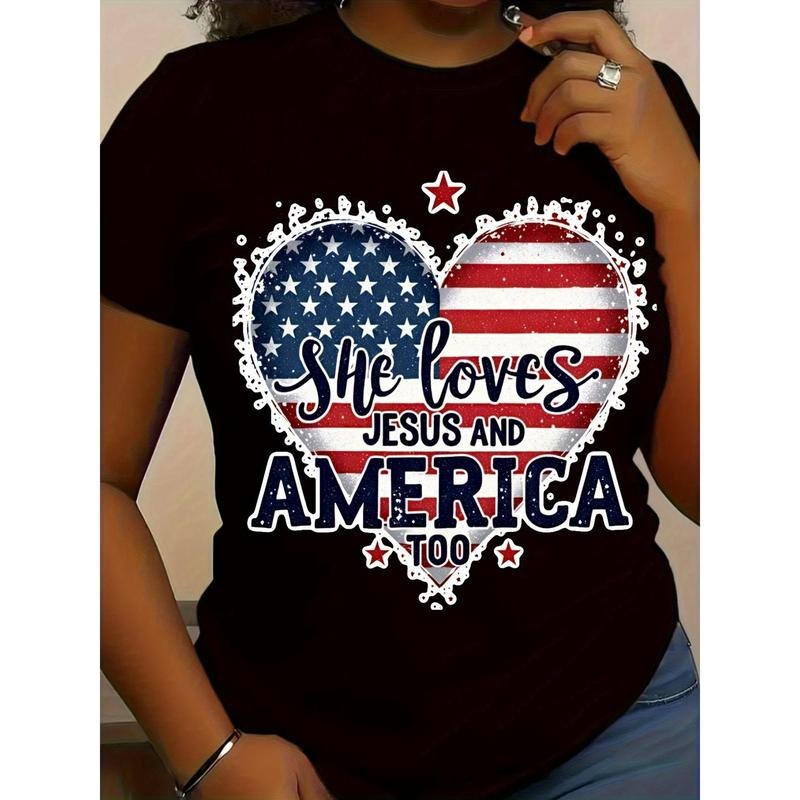 Women's Patriotic "She Loves Jesus and America Too" Graphic T-Shirt