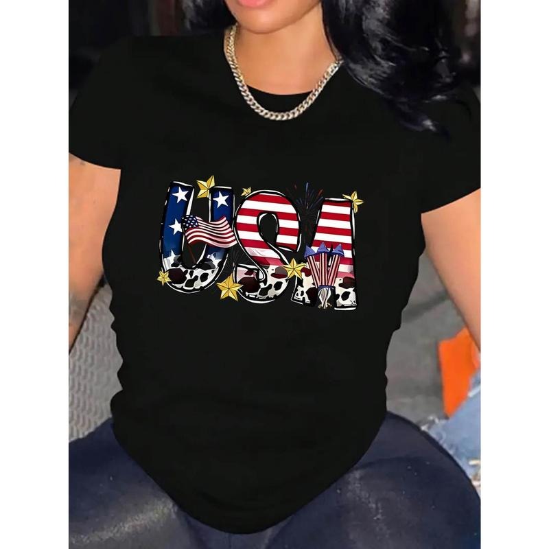 Women's Patriotic "USA" Graphic Tee - White Round Neck Short Sleeve T-Shirt with American Flag & Fireworks Design,...