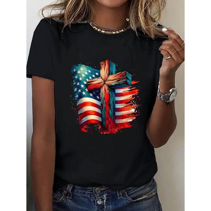 Women's Patriotic American Flag Cross Print Short Sleeve T-Shirt
