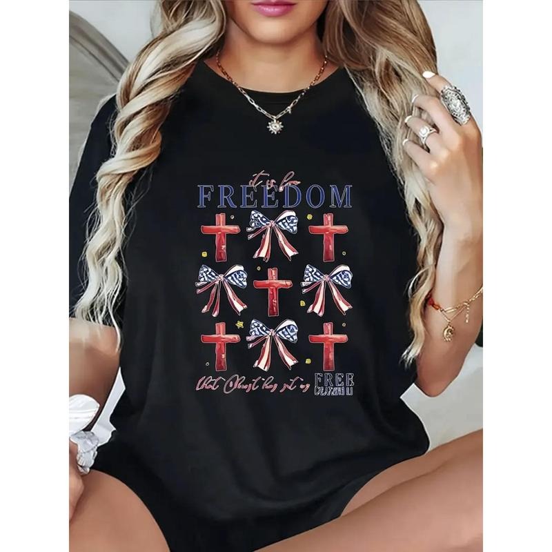 Women's Patriotic American Flag Cross Print T-Shirt