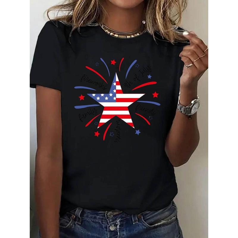 Women's Patriotic American Flag Star Print T-Shirt | Short Sleeve, Black  Fabric | Perfect for Independence Day & Casual...
