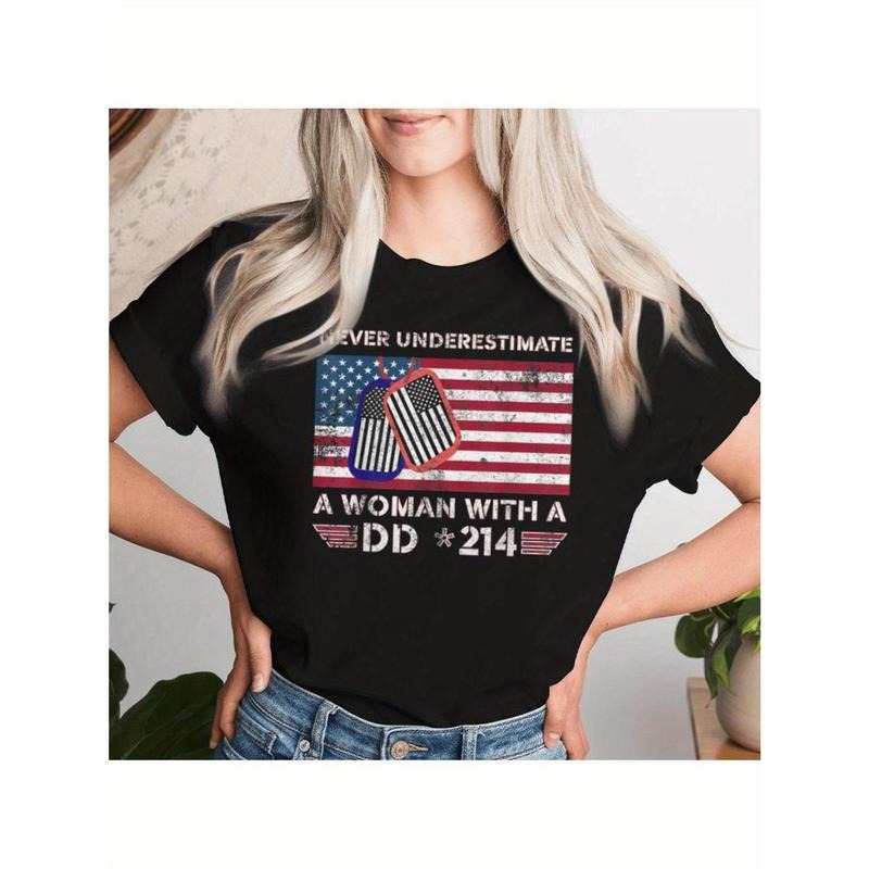 Women's Patriotic American Flag T-Shirt - 100% Cotton 180g Soft Black Tee with "Never Underestimate a Woman with a...