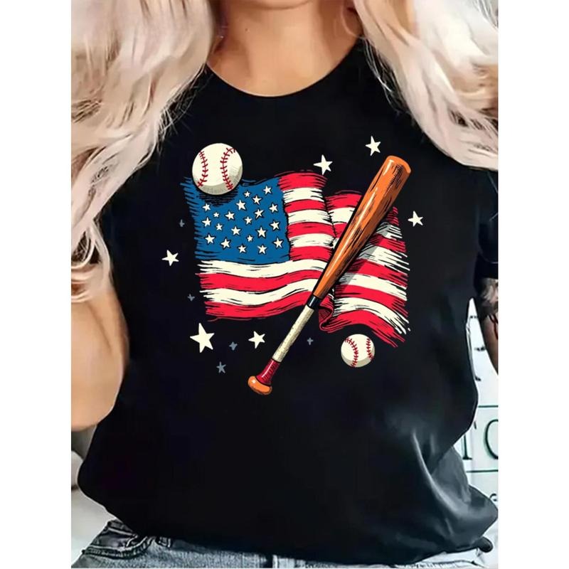 Women's Patriotic Baseball Tee - 100% Cotton American Flag Stars & Stripes Graphic T-Shirt, Sporty Casual Round Neck...