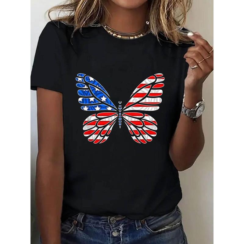Women's Patriotic Butterfly & American Flag Graphic T-Shirt