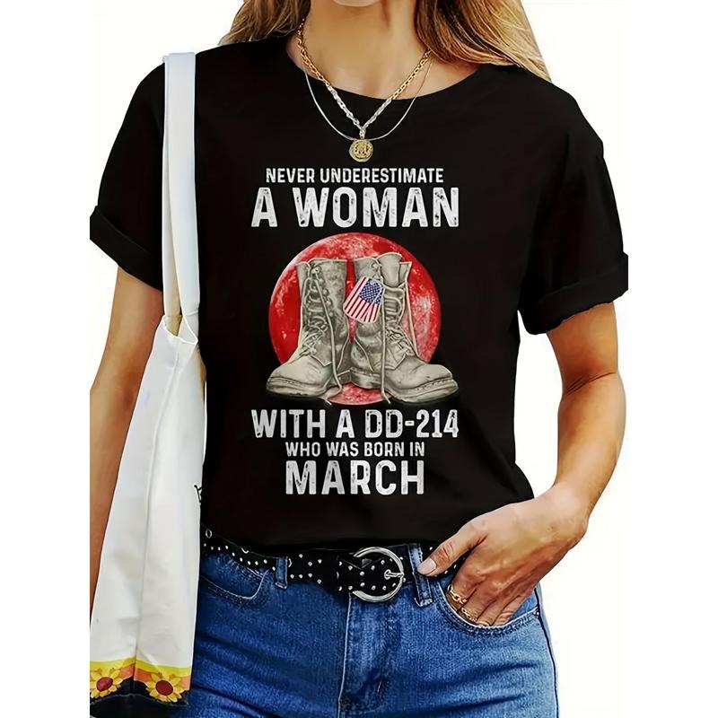 Women's Patriotic March Tribute T-Shirt - "Never Underestimate a Woman with a DD-214" Design, Black Short Sleeve Crew...