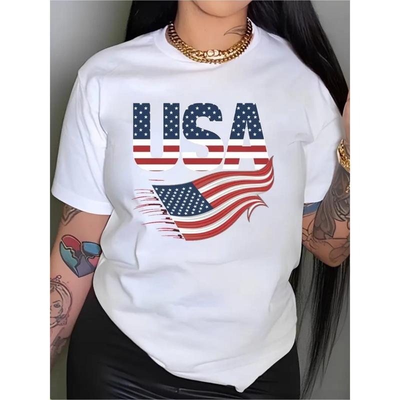 Women's Patriotic USA Flag Cotton T-Shirt - Bold USA Lettering & Flag Graphic, Casual Short Sleeve Crew Neck, All-Season...