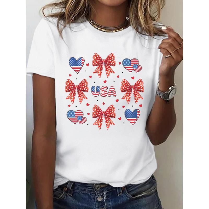 Women's Patriotic USA Flag Heart Bow Print T-Shirt