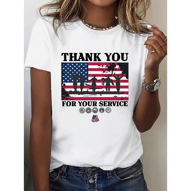 Women's Patriotic Veteran Appreciation T-Shirt - American Flag & Soldier Silhouette Print, Breathable , Soft Casual Short...