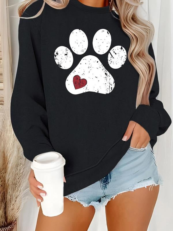 Women's Paw & Heart Print Round Neck Cute Sweatshirt, Casual Long Sleeve Pullover for Daily Wear, Ladies Fall & Winter...