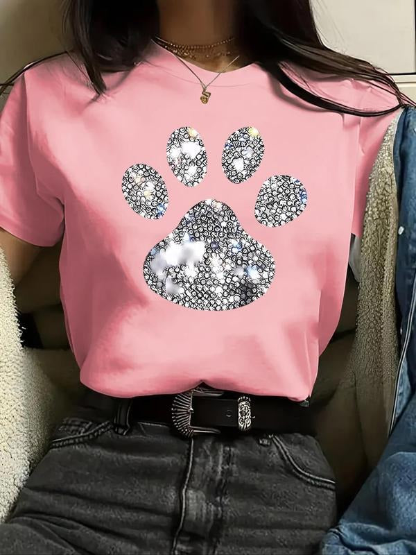 Women's Paw Print Round Neck Tee, Fashion Casual Short Sleeve T-Shirt for Daily Wear, Ladies Summer Clothes Hoodie,...