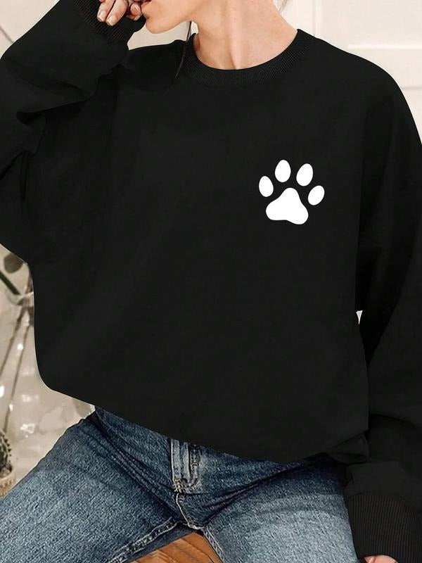 Women's Paw Print Thermal Lined  Sweatshirt, Casual Long Sleeve Round Neck Pullover for Fall & Winter, Women's Clothes...