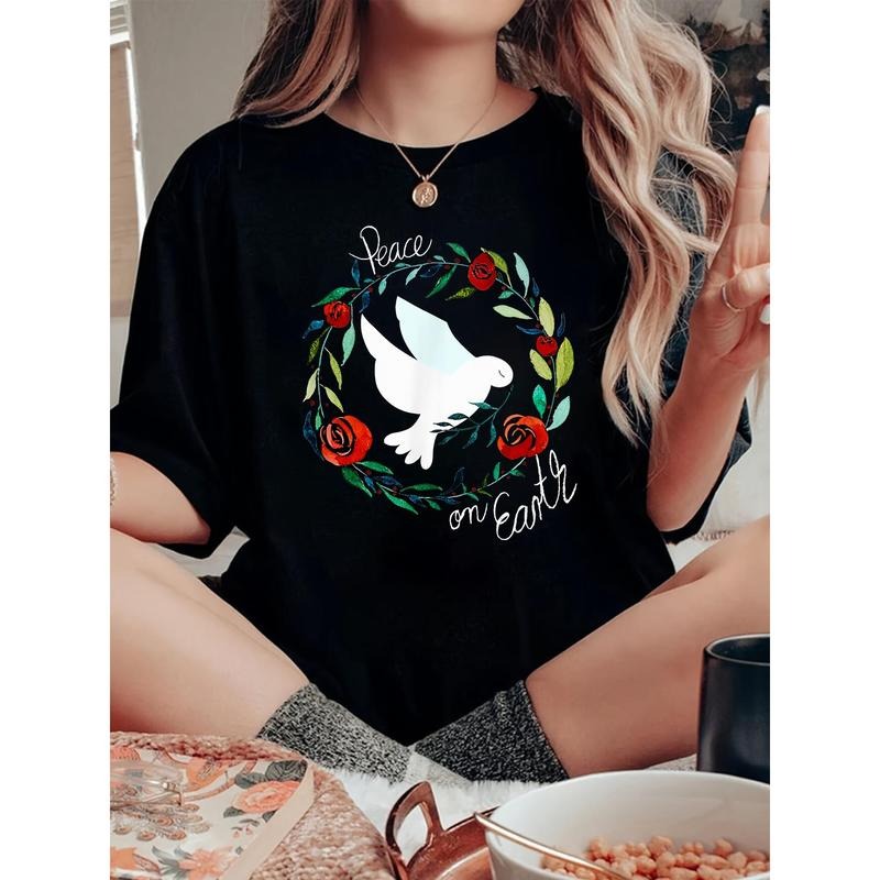 Women's Peace Dove Wreath & Floral Geometric Print T-Shirt - Black Casual Short Sleeve Top, Machine Washable Spring...
