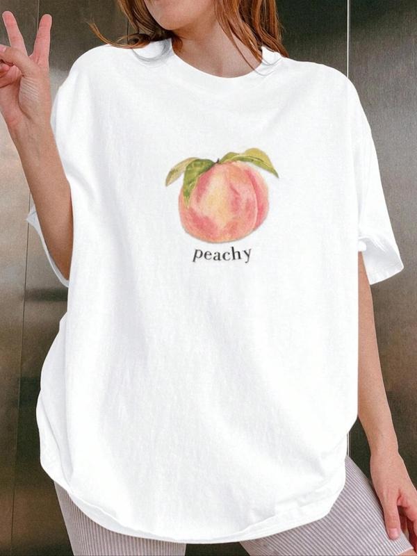 Women's Peach & Letter Print Drop Shoulder Tee, Casual Half Sleeve Round Neck T-Shirt for Summer, Fashion Women's Top for...