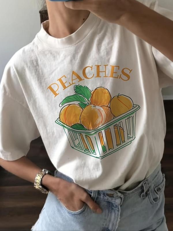 Women's Peach & Letter Print Drop Shoulder Tee, Casual Short Sleeve Round Neck T-shirt for Summer, Fashion Women's Top...