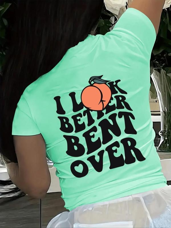 Women's Peach & Letter Print Round Neck Graphic Tee, Trendy Casual Short Sleeve T-shirt for Daily Wear, Graphic Tees,...
