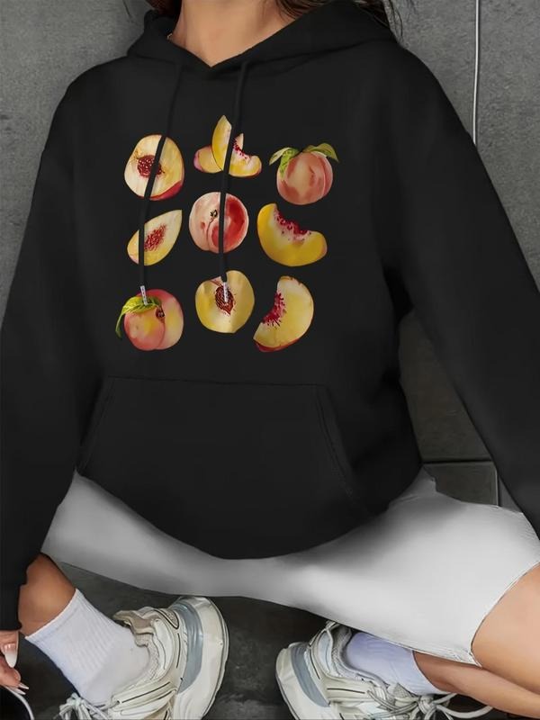 Women's Peach Print Drop Shoulder Drawstring Hoodie, Fashion Casual Kangaroo Pocket Hooded Sweatshirt for Daily Holiday...