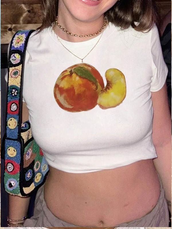 Women's Peach Print Round Neck Crop Tee, Casual Short Sleeve Graphic T-shirt, Ladies Summer Clothes for Daily Wear...