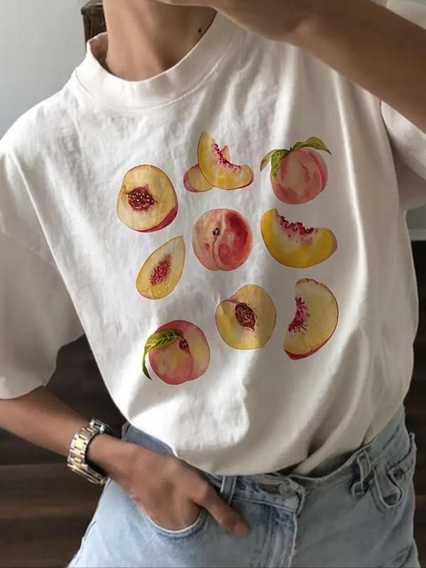 Women's Peach Print Round Neck Graphic Tee, Vintage Trendy Casual Short Sleeve T-shirt for Daily Wear, Ladies Summer...