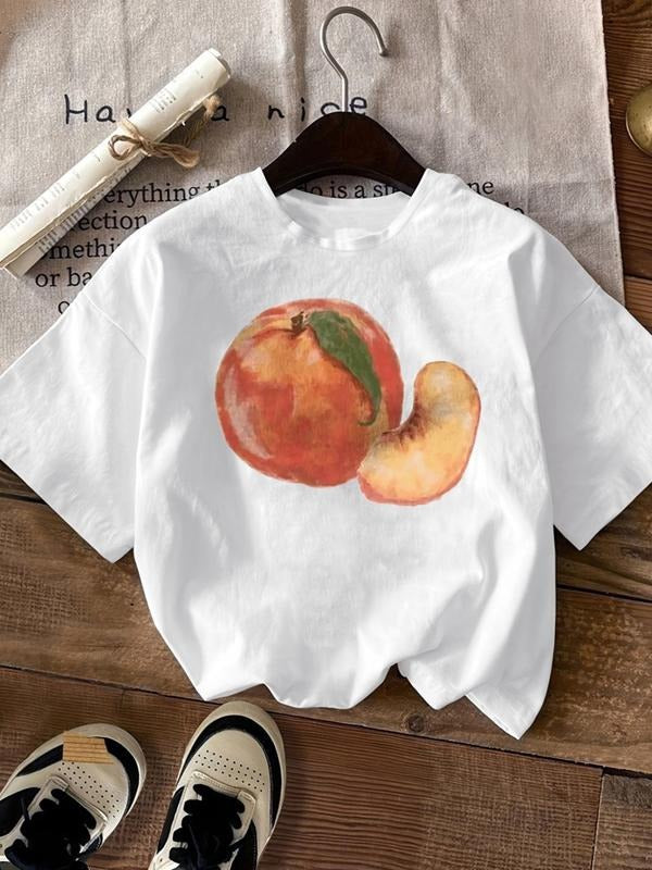Women's Peach Print Round Neck Tee, Casual Short Sleeve Crew Neck T-Shirt for Summer, Fashion Women's Top for Daily Wear...