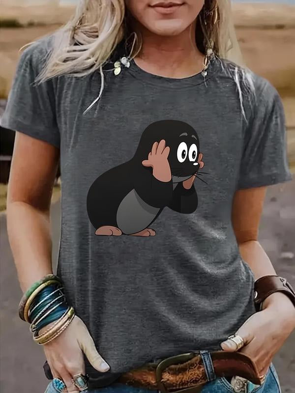 Women's Penguin Print Round Neck Tee, Fashion Casual Crew Neck T-Shirt for Daily Holiday Vacation Outdoor Wear, Ladies...