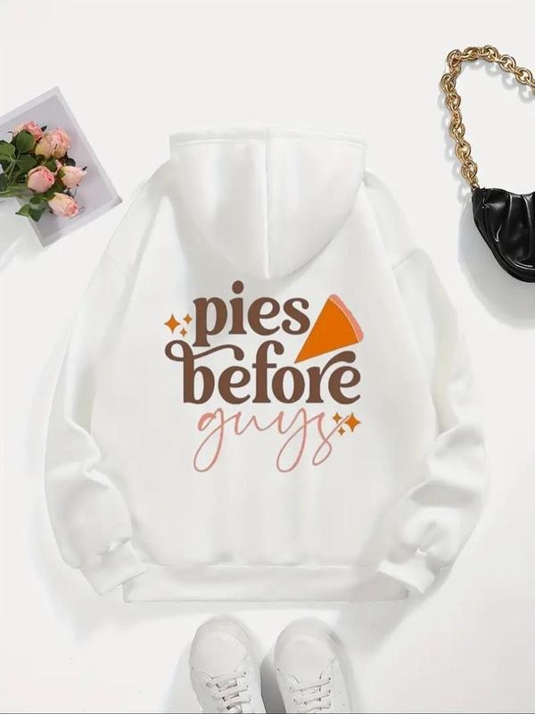 Women's Pizza & Letter Print Drawstring Hoodie, Casual Long Sleeve Kangaroo Pocket Hooded Sweatshirt for Fall & Winter,...