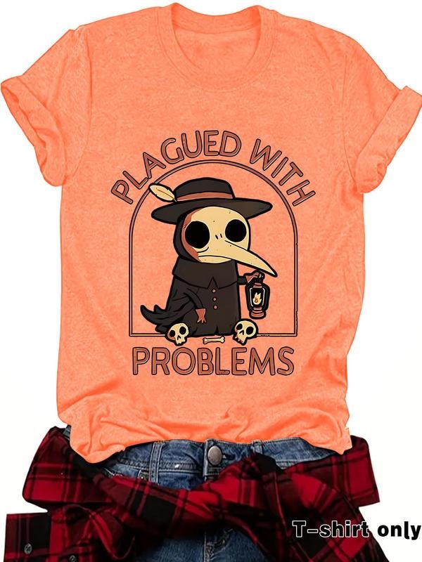 Women's Plague Doctor Print Round Neck Tee, Fashion Casual Short Sleeve T-shirt for Daily Wear, Ladies Summer Clothes,...