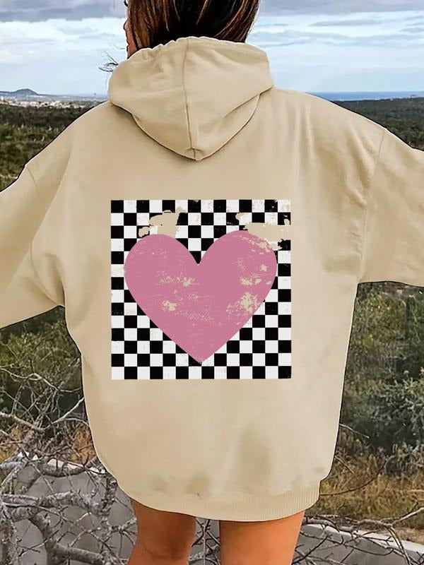Women's Plaid & Heart Print Drop Shoulder Hoodie, Fashion Casual Drawstring Pocket Hooded Sweatshirt for Daily Holiday...