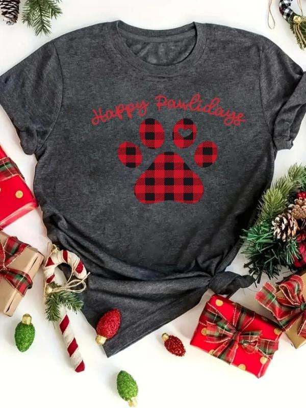 Women's Plaid Paw & Letter Print Round Neck Tee, Casual Short Sleeve Crew Neck T-Shirt for Daily Wear, Ladies Clothes for...