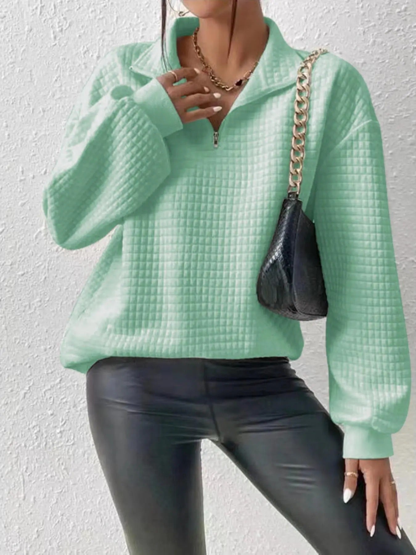 Women's Plain Textured Drop Shoulder Mock Neck Sweatshirt, Casual Long Sleeve Zipper Pullover For Fall & Winter, Ladies...