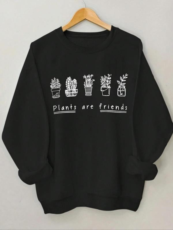 Women's Plants & Letter Print Drop Shoulder Sweatshirt, Casual Long Sleeve Round Neck Pullover for Daily Wear, Women's...
