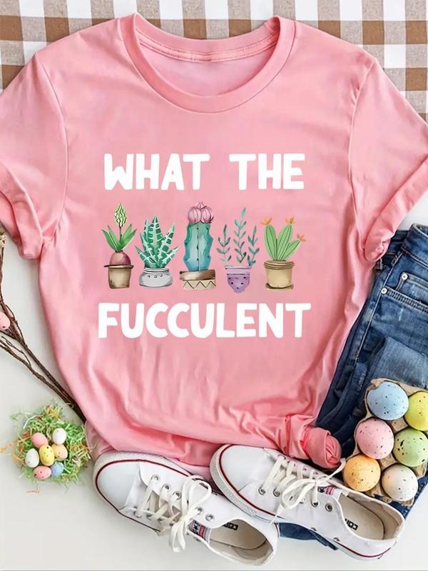 Women's Plants & Letter Print Round Neck Graphic Tee, Vintage Trendy Casual Short Sleeve T-shirt for Daily Wear, Ladies...