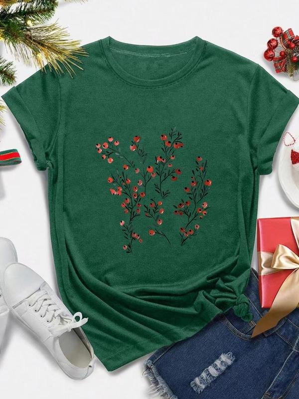 Women's Plants Print Round Neck Tee, Casual Short Sleeve Crew Neck T-shirt for Daily Holiday Vacation Outdoor Wear,...