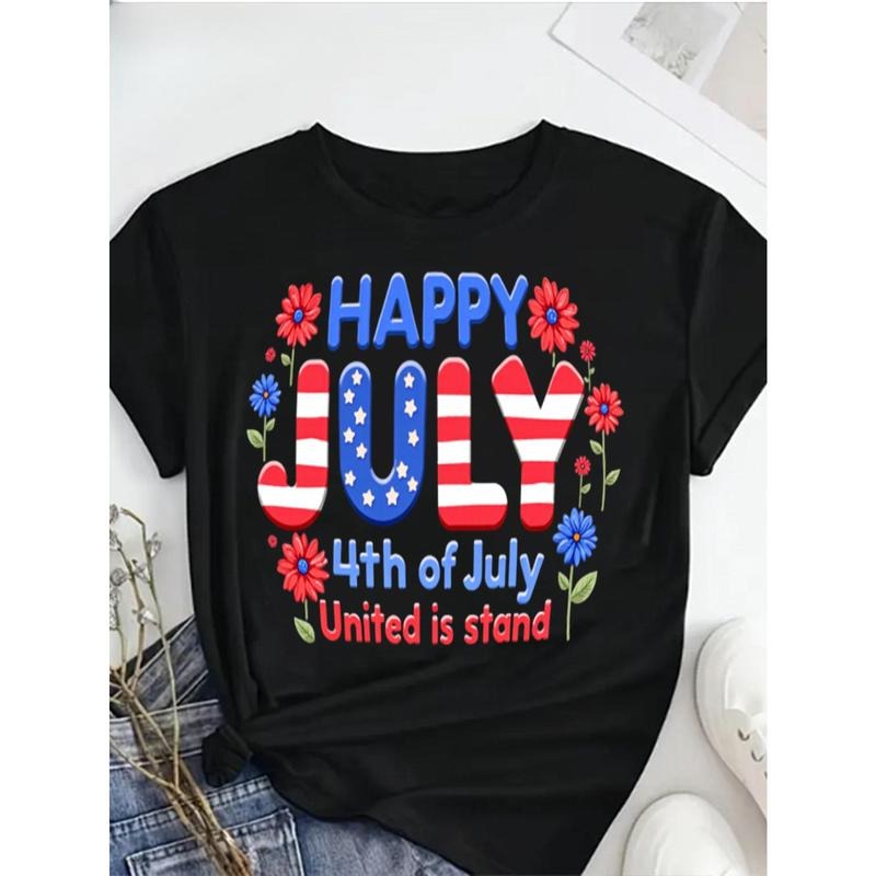 Women's Plus Size 100% Cotton July 4th Patriotic Floral Print T-Shirt