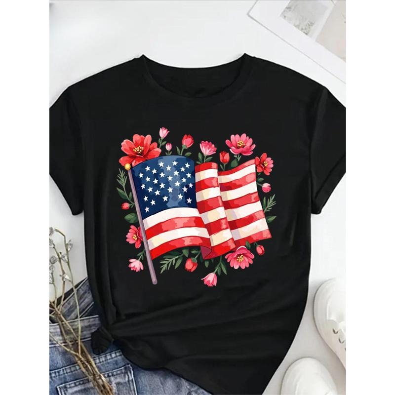 Women's Plus Size 100% Cotton Patriotic Floral American Flag T-Shirt