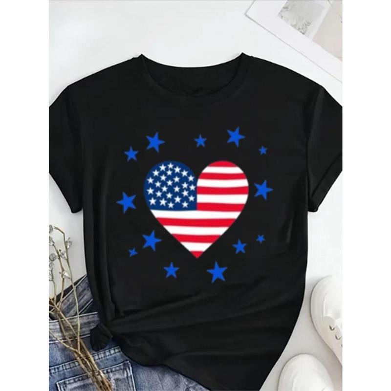 Women's Plus Size 100% Cotton Patriotic Heart Flag Print T-Shirt - Black Casual Round Neck Short Sleeve Tee for...