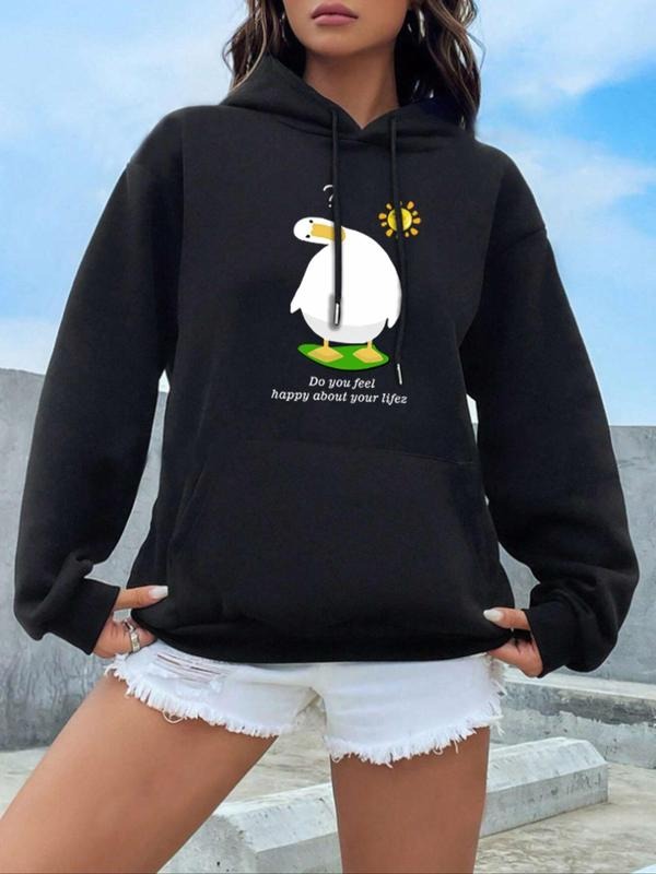 Women's Plus Size Cartoon Duck & Letter Print Drawstring Hoodie, Fashion Pocket  Hooded Sweatshirt for Daily Wear, Women...
