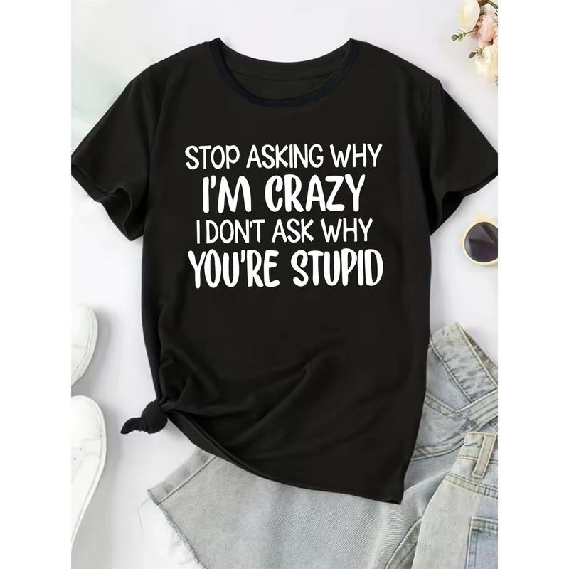 Women's Plus Size Casual Black T-Shirt with Bold White Letter Print, Short Sleeves, Round Neck