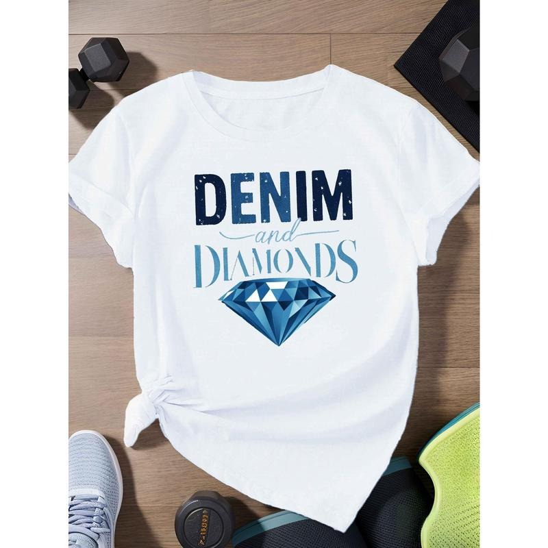 Women's Plus Size Denim & Diamonds Graphic Tee - Casual Short Sleeve T-Shirt with Stylish Letter Print, Soft Cotton,...