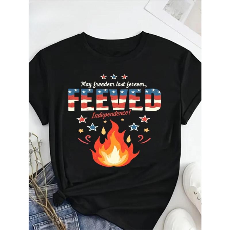 Women's Plus Size Patriotic "Freedom Last Forever" Graphic T-Shirt - 100% Cotton Short Sleeve Round Neck Tee with Stars,...