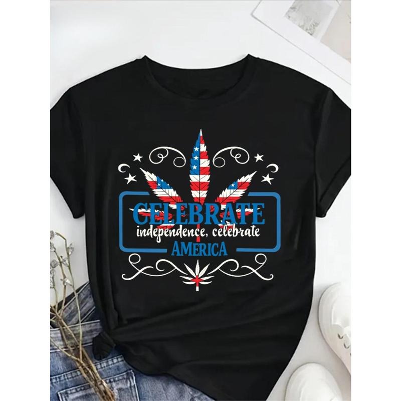 Women's Plus Size Patriotic American Flag & Leaf Graphic T-Shirt