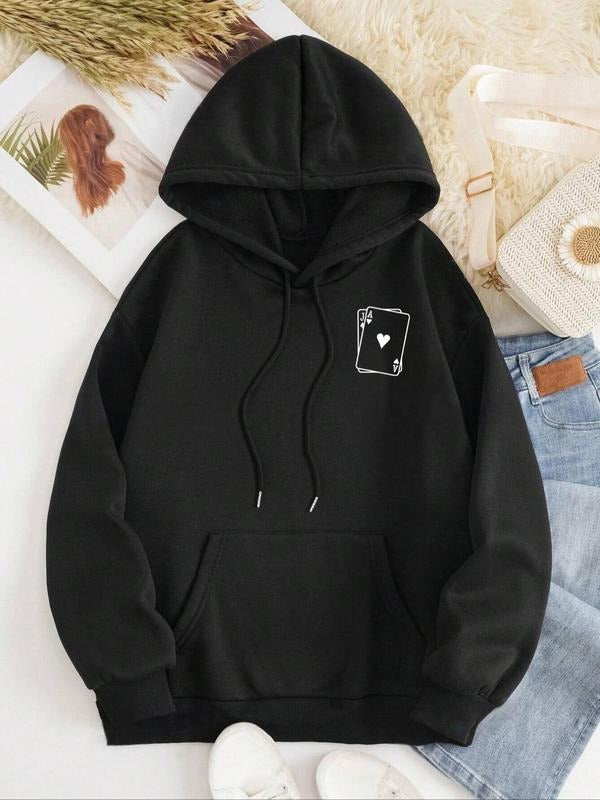 Women's Poker Print Drop Shoulder Drawstring Hoodie, Fashion Casual Pocket Hooded Sweatshirt for Daily Holiday Outdoor...