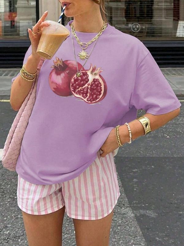 Women's Pomegranate Print Round Neck Tee, Casual Short Sleeve Crew Neck T-shirt for Summer, Fashion Women's Top for Daily...