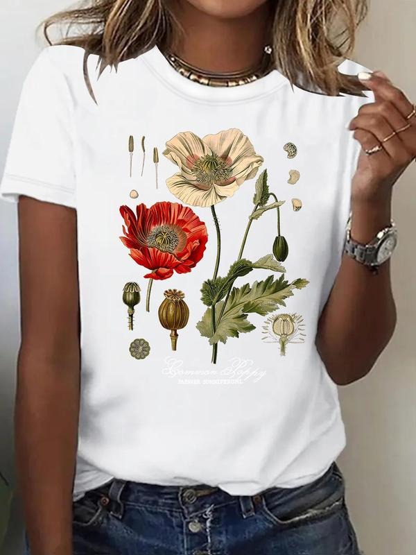 Women's Poppy Flower Print Round Neck Tee, Casual Short Sleeve Crew Neck T-shirt for Summer, Fashion Women's Top for...