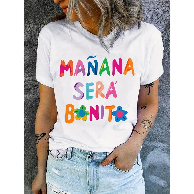 [Women's Print Crew Neck Tee] Letter Print T-Shirt, Short Sleeve Crew Neck Casual Top For Summer & Spring, Women's...