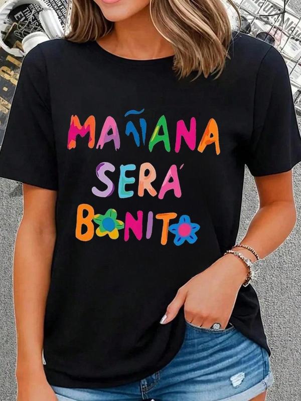 Women's Printed Letter Short Sleeve Casual Shirt, Round Neck Summer Top, Fashionable Daily Wear for Women, Stylish...
