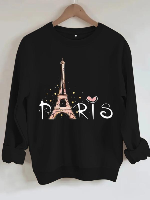 Women's Pris Tower Print Round Neck Sweatshirt, Casual Fitted Pullover, All-Season Comfort, Durable Fabric T-Shirts, Hoodie