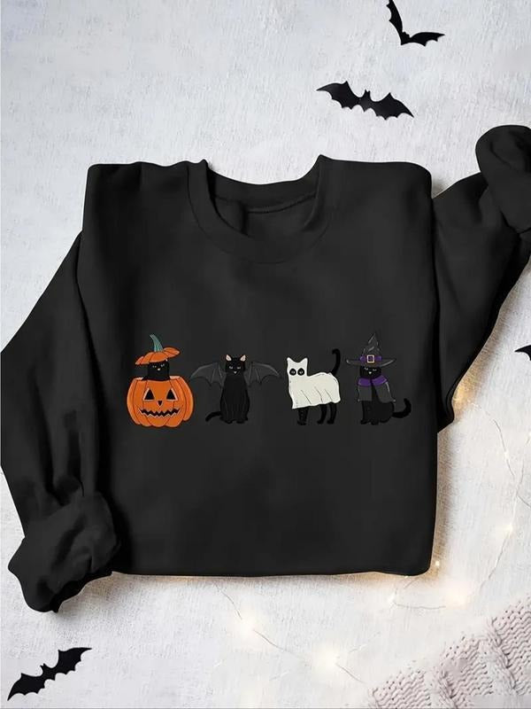Women's Pumpkin & Cat Sweatshirt, Halloween Theme Cute Cat & Pumpkin Print Crew Neck Pullover, Casual Long Sleeve Top for...