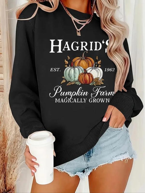 Women's Pumpkin & Letter Print Crew Neck Sweatshirt, Casual Drop Shoulder Long Sleeve Pullover, Women's Fall & Winter...