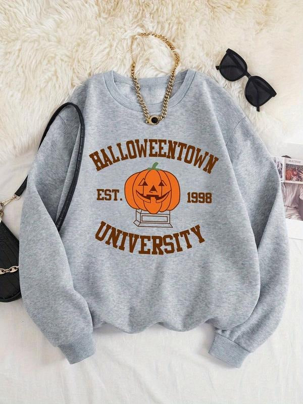 Women's Pumpkin & Letter Print Drop Shoulder Sweatshirt, Casual Long Sleeve Round Neck Pullover for Fall & Winter, Ladies...